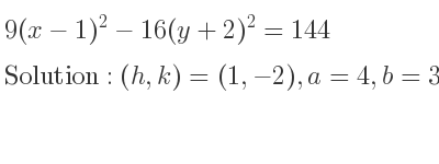 The solution to 9(x-1)^2-16(y+2)^2=144 is Hyperbola with (h,k)=(1,-2),a=4,b=3